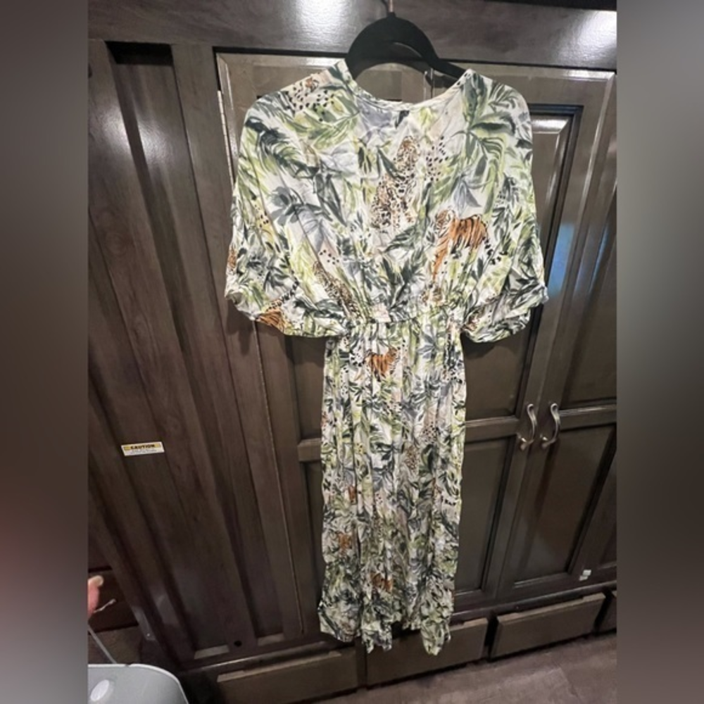 Cost Plus World Market Green and White Tropical Print Maxi Dress